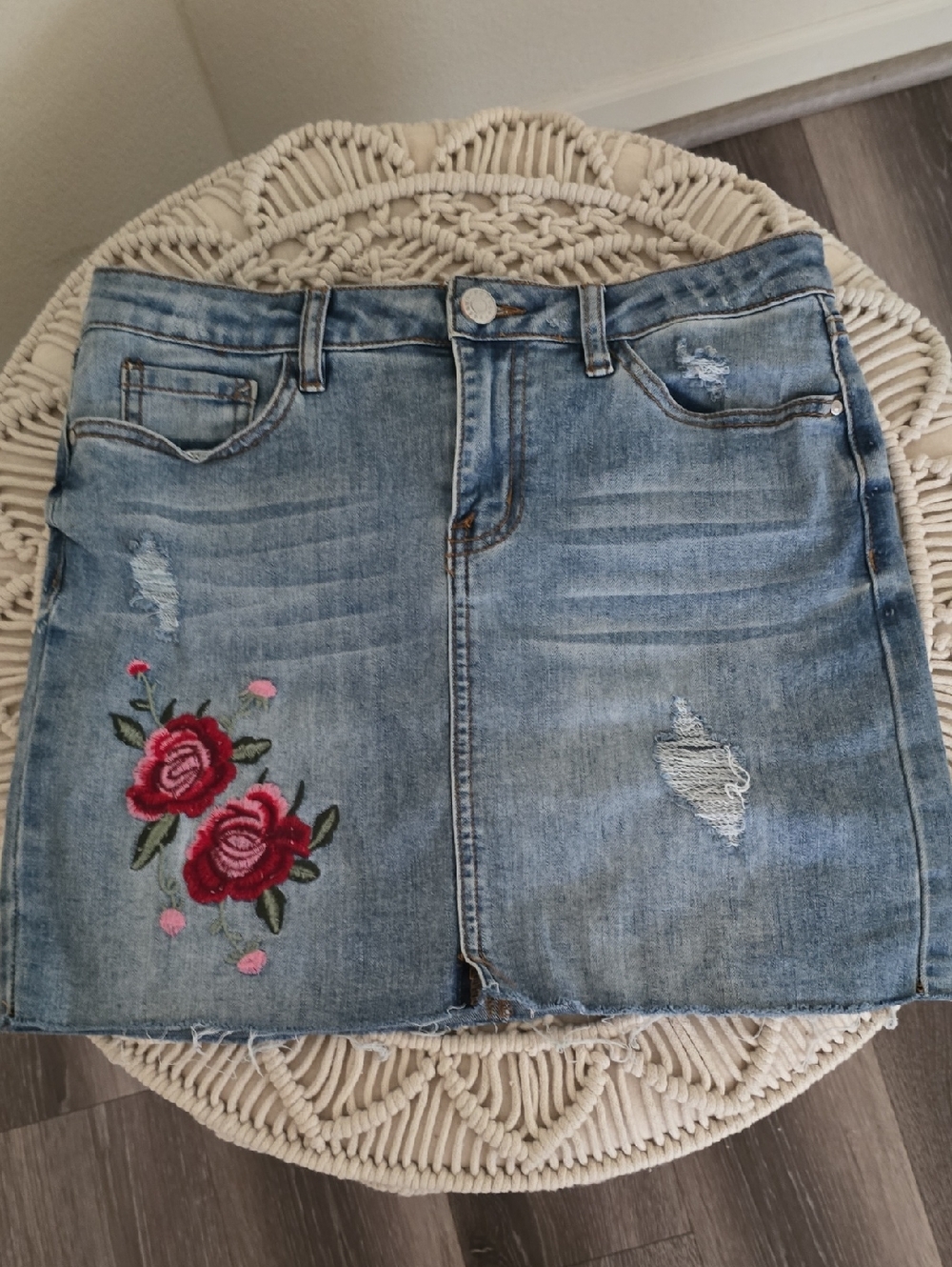 refuge Light Blue Denim Mini Skirt with Red Rose Embroidery